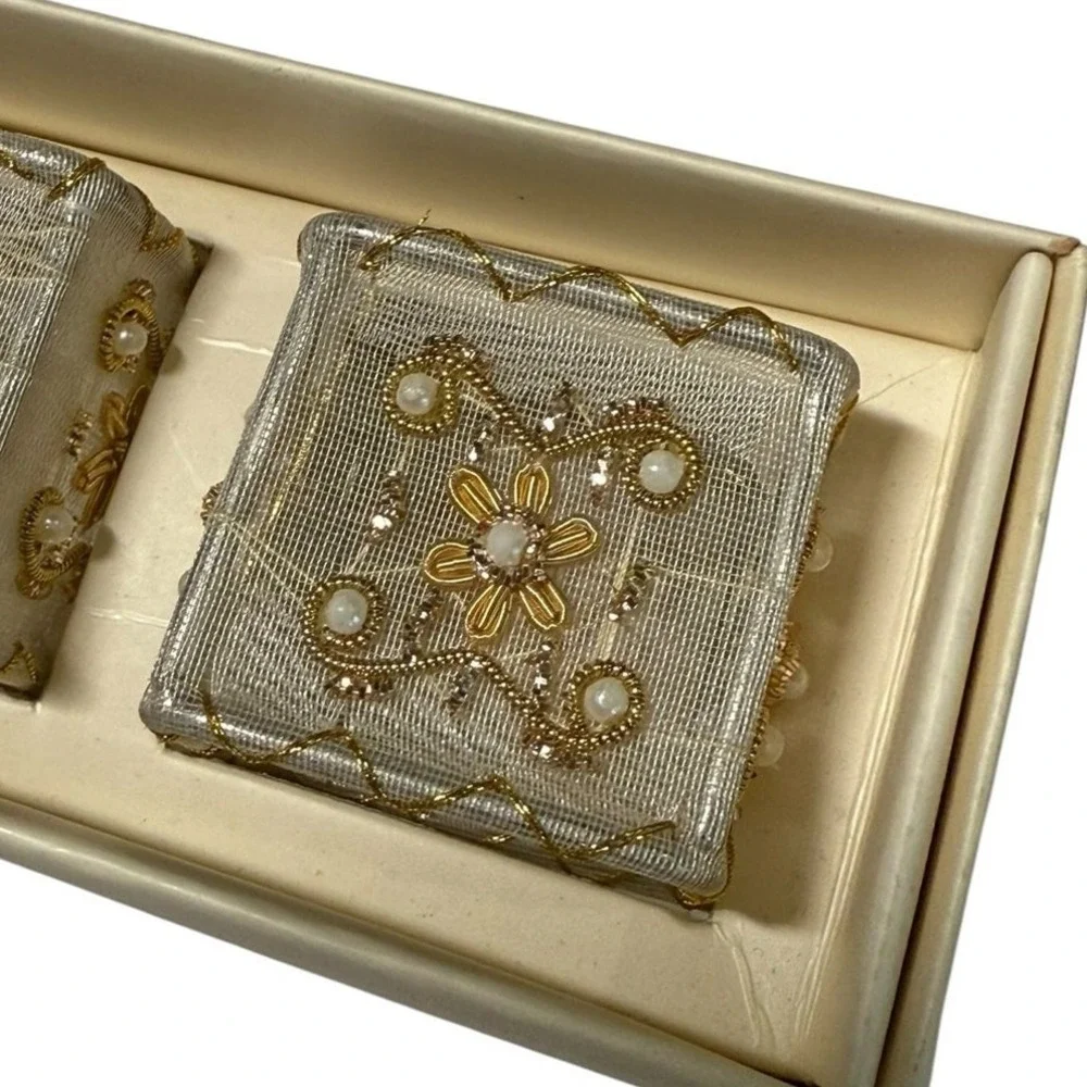 Pier 1 Imports Napkin Rings‎ Set of 4 Beaded Faux Pearl Gold Mesh Square Ornate